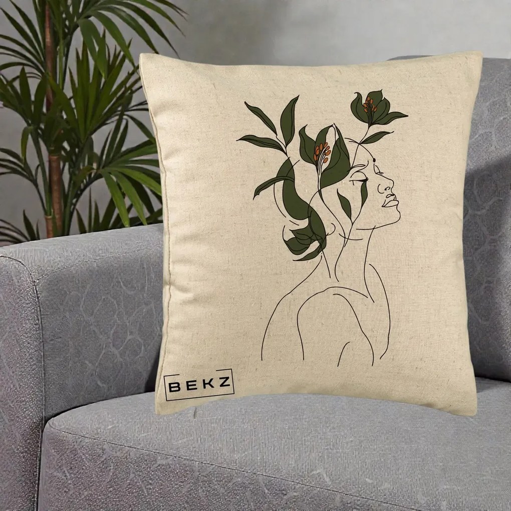 Perna Decorativa Portret Feminin Crin Verde, 40x40 cm, Bej, Husa Detasabila, Perna Inclusa, BEKZ®