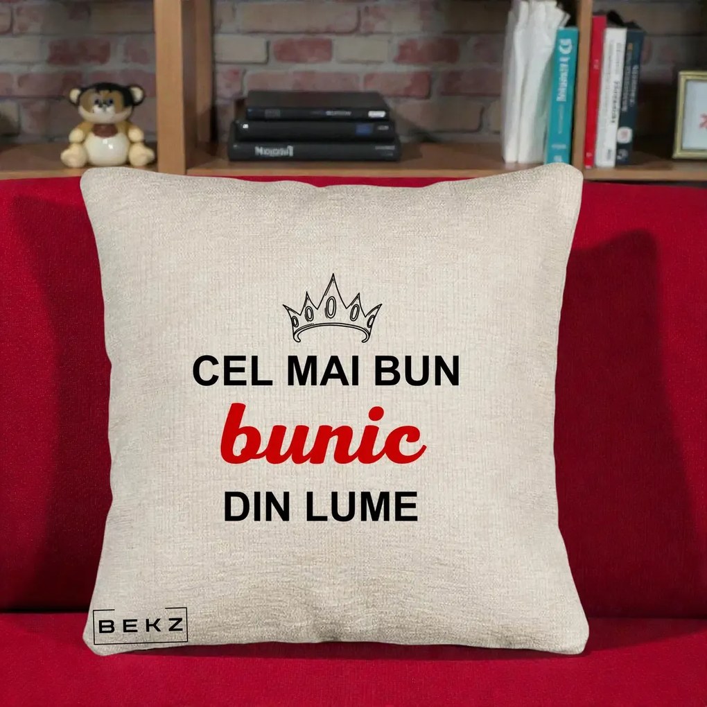 Cadou pentru Bunic - Perna Personalizata Cel Mai Bun Bunic Din Lume Coroana Rosu, 40x40 cm, Bej Canapea, Husa Detasabila, Perna Inclusa, BEKZ®