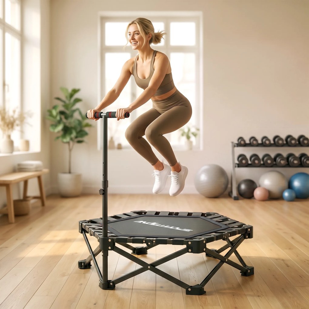 SPORTNOW Trambulină Fitness pentru Adulți Ø104 cm, Pliabilă, cu Sistem de Deschidere și Închidere dintr-o Singură Mișcare, Mâner Reglabil și 24 Corzi Elastice, Negru | Aosom Romania