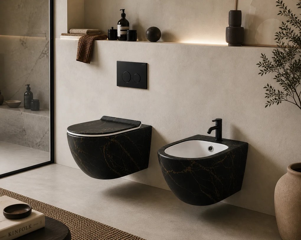 Vas Bideu Suspendat Negru Mat cu Model Marmorat Auriu, Ceramica Sanitara, Montaj pe Perete