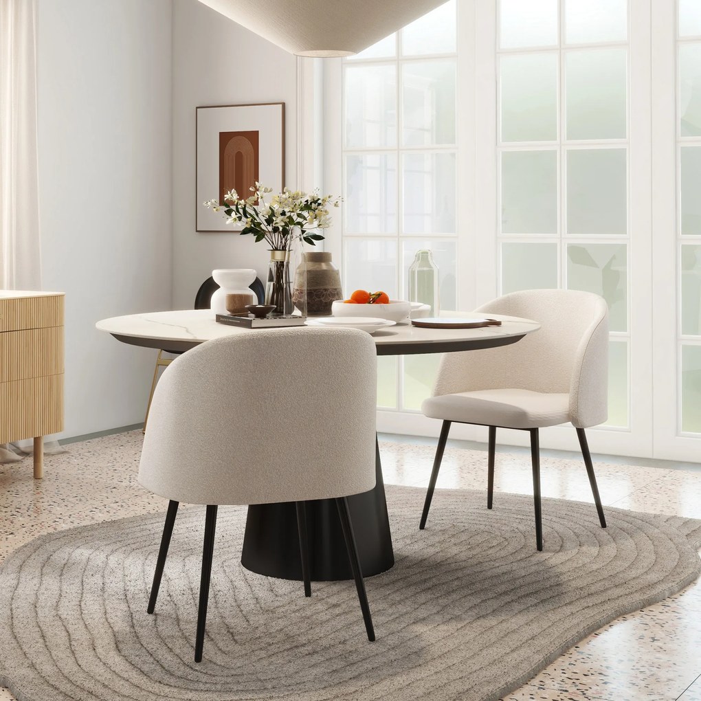 HOMCOM Lot de 2 scaune de sală de mese cu spătar din material textil efect lână buclată și picioare din oțel 55 x 62 x 80 cm bej negru | Aosom Romania