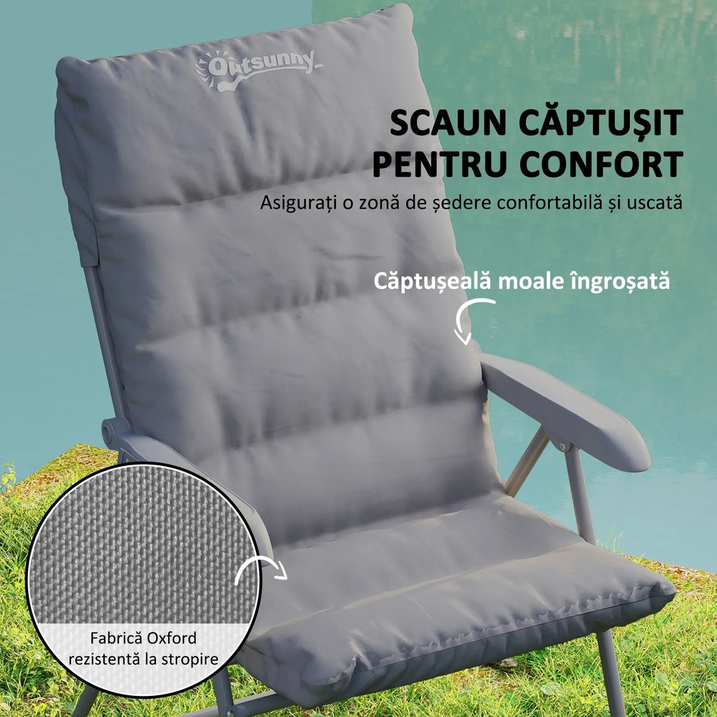 Outsunny Scaun de Camping Pliabil cu Spătar Înalt Reglabil în 5 Poziții și Buzunare Laterale, 66x58x105 cm, Gri Deschis | Aosom Romania