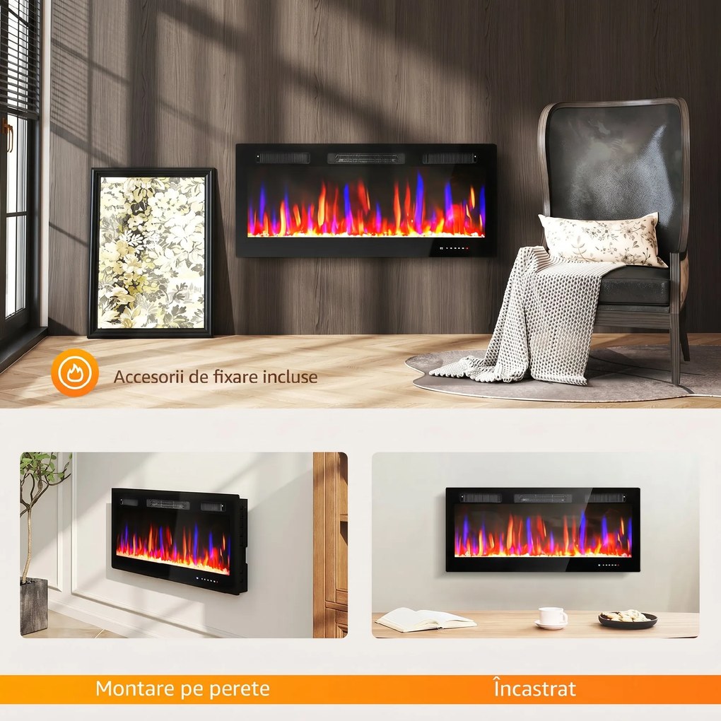HOMCOM Șemineu Electric de Încorporat cu Flacără Independentă, 3 Moduri de Încălzire și Telecomandă, 106.7x9.4x47 cm, Negru | Aosom Romania