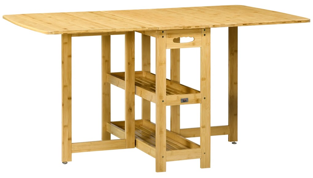 HOMCOM Masă Pliabilă, Masă de Dining, două laturi pliabile, două rafturi, picioare reglabile, bambus, 149,5 x 80 x 73,5 cm | Aosom Romania