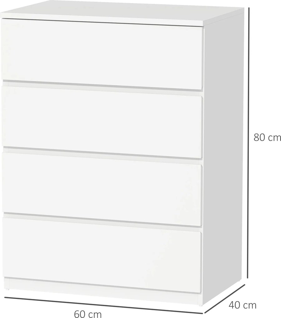 HOMCOM Comodă cu 4 Sertare, Organizator de Depozitare cu Ghidaje Metalice și Mânere cu Caneluri, 60x40x80 cm, Alb | Aosom Romania