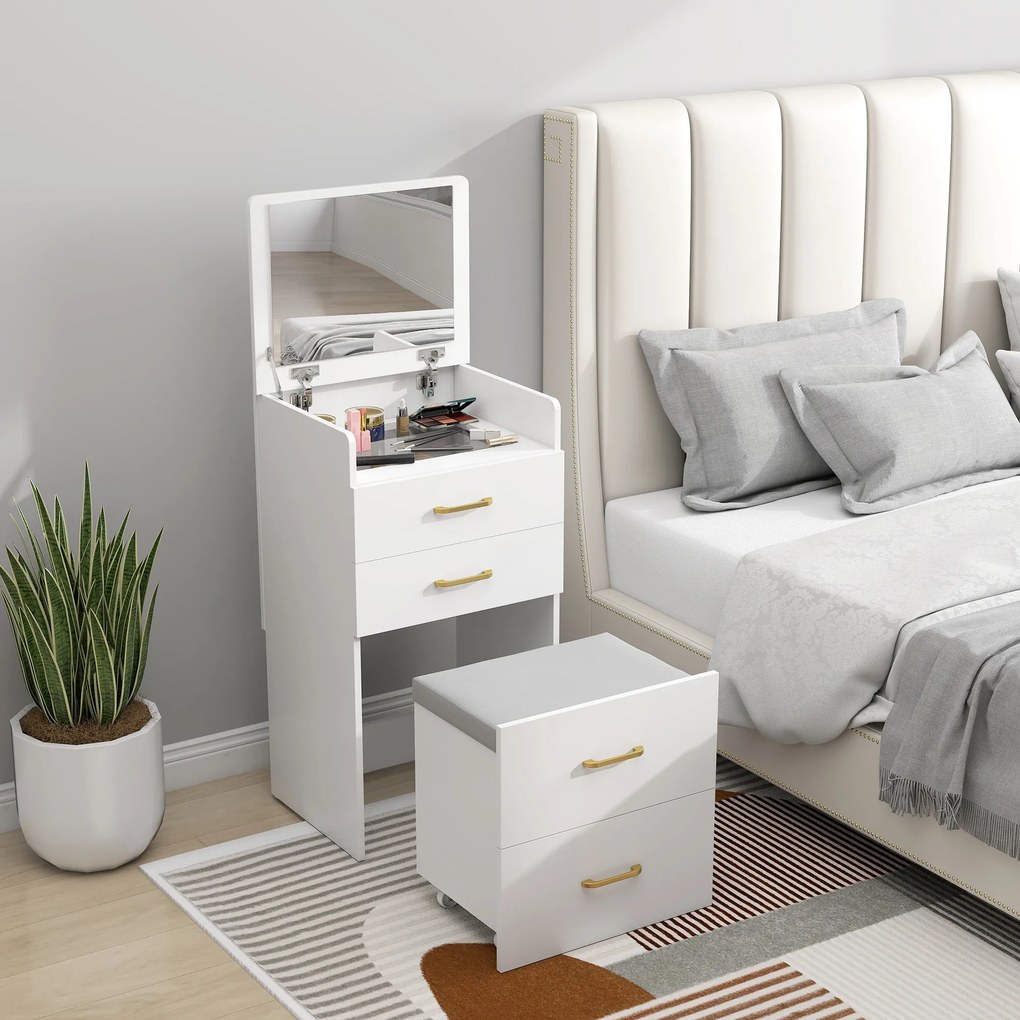 HOMCOM Masuta de Toaleta 3-in-1 cu Oglinda, Masuta de Noapte, Scaun cu Rotile, Sertare, Alb | Aosom Romania