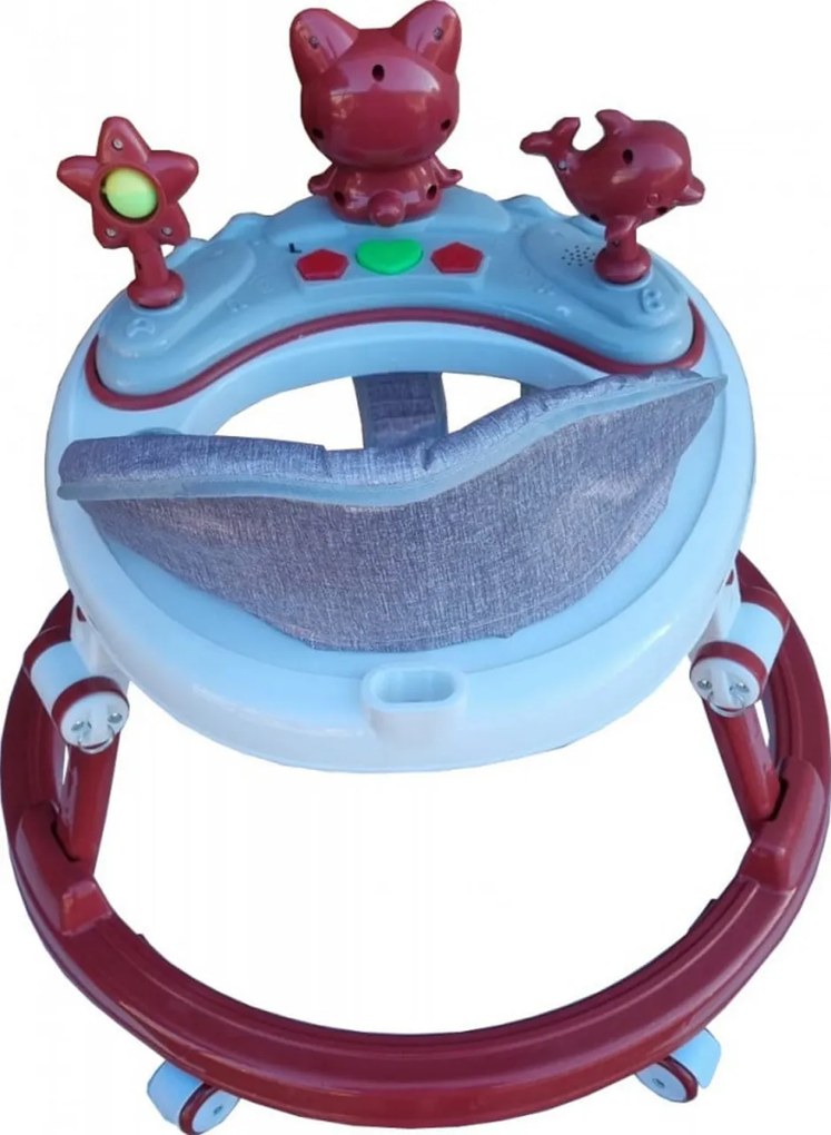 Premergator reglabil in 6 trepte de inaltime NOVOKIDS™ Happy Kitty, Cu melodii, Pliabil, Max 20 kg, Roti silentioase, Model Pisicuta, Rosu Bordeaux