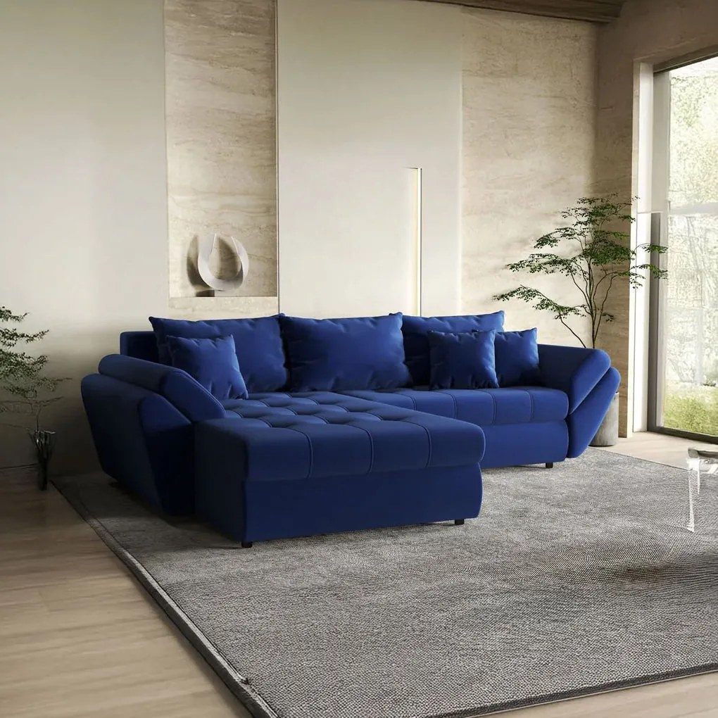 Colțar extensibil dumonde cu ladă de depozitare si sezut confortabil din spuma high-density, Loana Royal Blue 270x185 cm