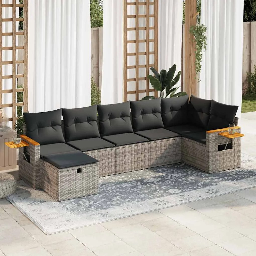 vidaXL Set canapele de grădină, 7 piese, cu perne, gri, poliratan