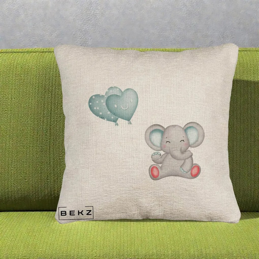 Perna Decorativa Canapea, Model Elefant si baloane in forma de inimioare, 40x40 cm, Bej Canapea, Husa Detasabila, Perna Inclusa, BEKZ®
