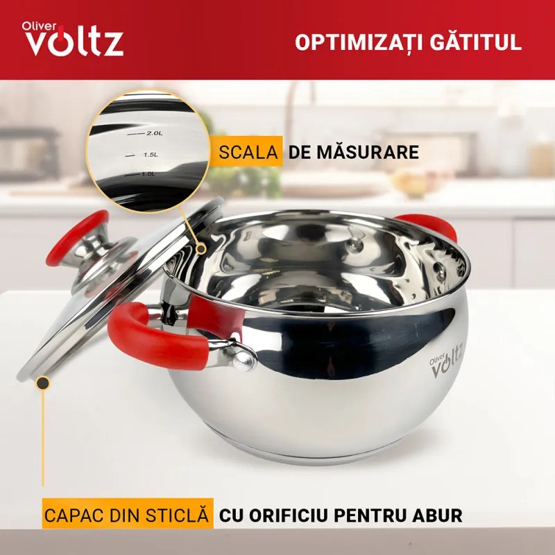 Oala Oliver Voltz OV51210N22, 22 cm, 4,6 l, Inductie, Manere silicon rosii, Inox/Roşu