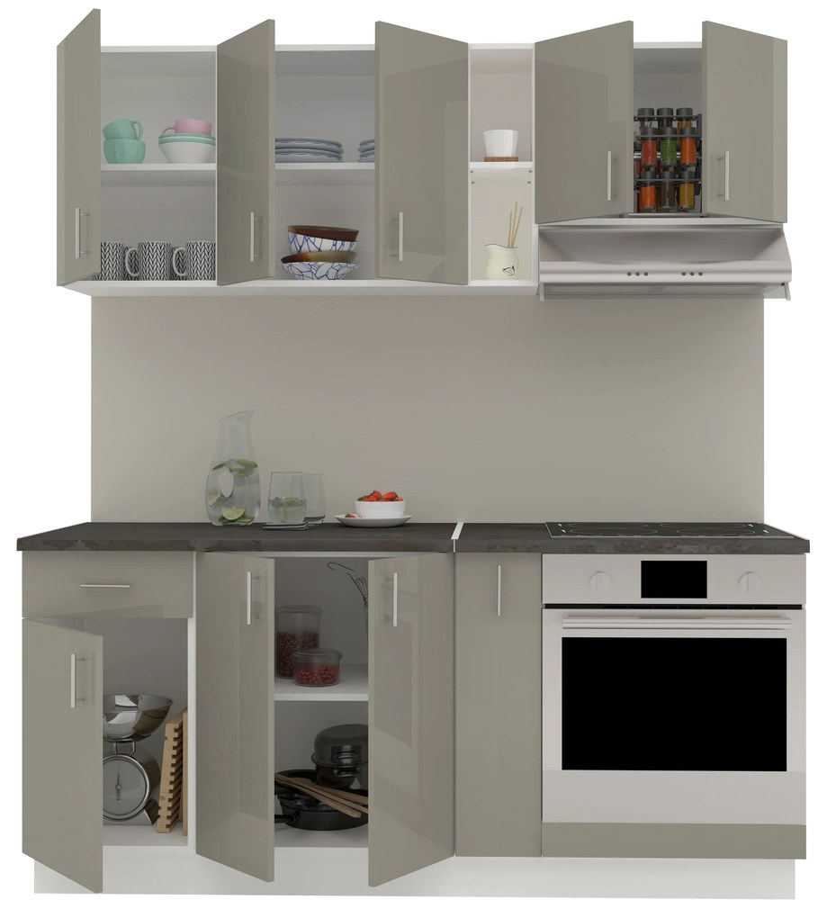 Set Bucatarie Karo V9, Gri Lucios/Alb, MDF, Blat Thermo 28 mm, L 180 cm