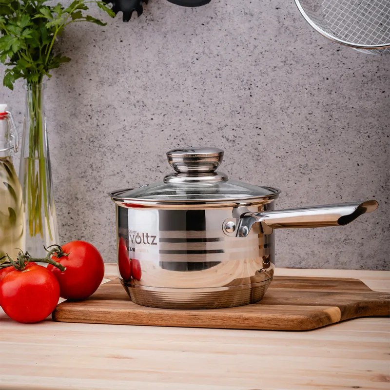 Set oale cu capac Oliver Voltz OV51210R20B, 20 piese, Fund multistrat, Inductie, Otel inoxidabil, Ustensile, Argintiu