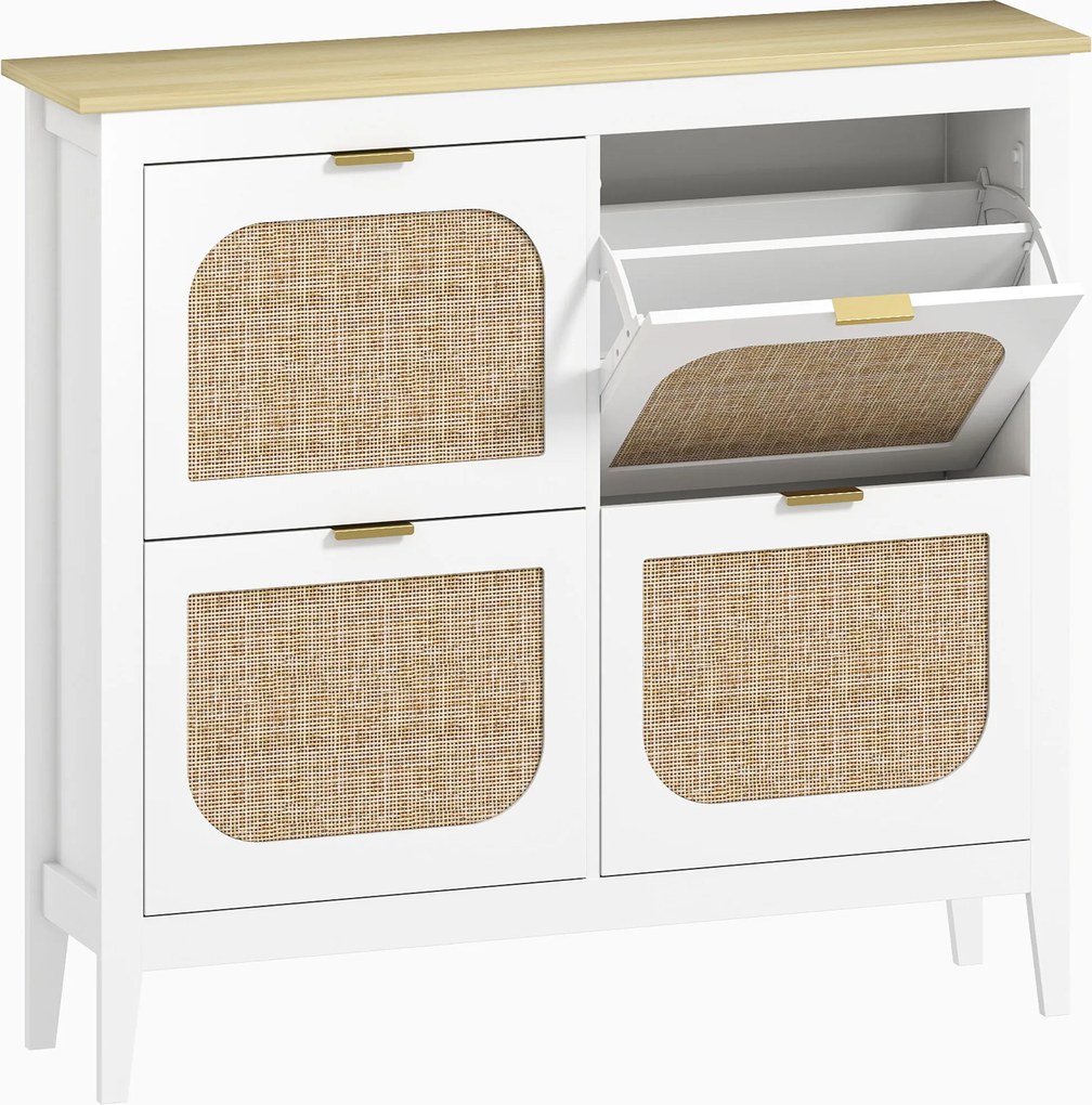 HOMCOM Zapatero Estrecho con 4 Puertas de Ratán Estantes Ajustables para 20 Pares de Zapatos 105x24x95,5 cm Alb | Aosom Romania