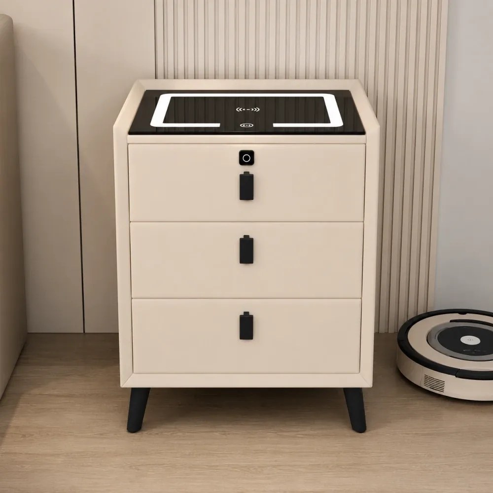 Noptieră inteligentă multifuncțională, 3 sertare, blocare cu amprentă, LED-uri tactile, 3 tipuri de culoare, încărcare fără fir, Difuzor Bluetooth, incarcare USB, sticla securizata, Ivory