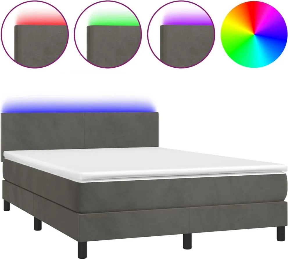 vidaXL Pat cu arcuri, saltea și LED, gri închis, 140x190 cm, catifea