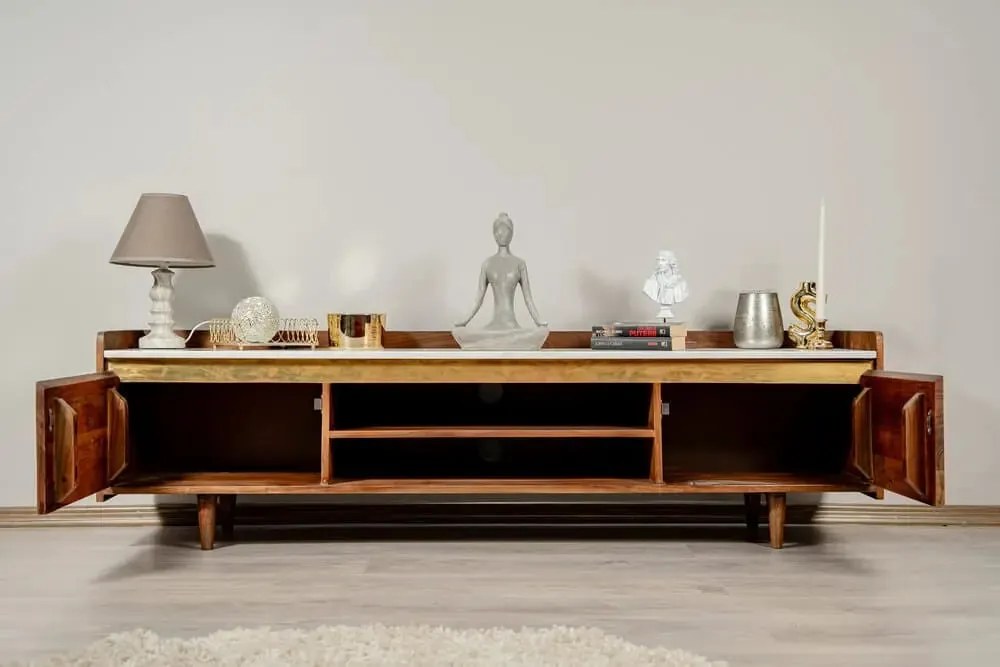 Comodă TV din lemn masiv si marmura, Milano Marble 160 x 35 x 45 cm, d