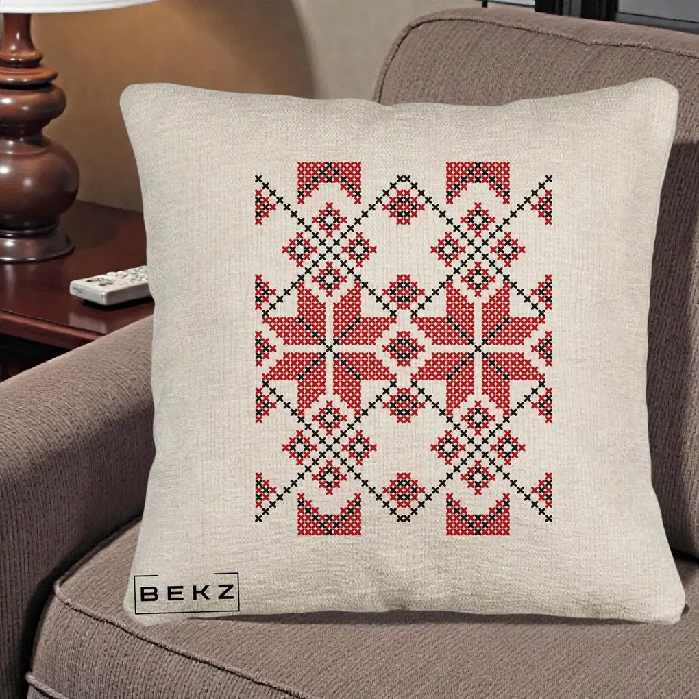 Perna Personalizata Motiv Traditional Cusatura Rosu-Negru, 40x40 cm, Bej Canapea, Husa Detasabila, Perna Inclusa, BEKZ®