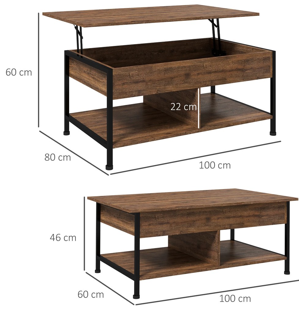 HOMCOM Masă de cafea ridicabilă masă de salon cu compartiment ascuns și 2 rafturi inferioare 100 x 80 x 60 cm maro rustic negru | Aosom Romania