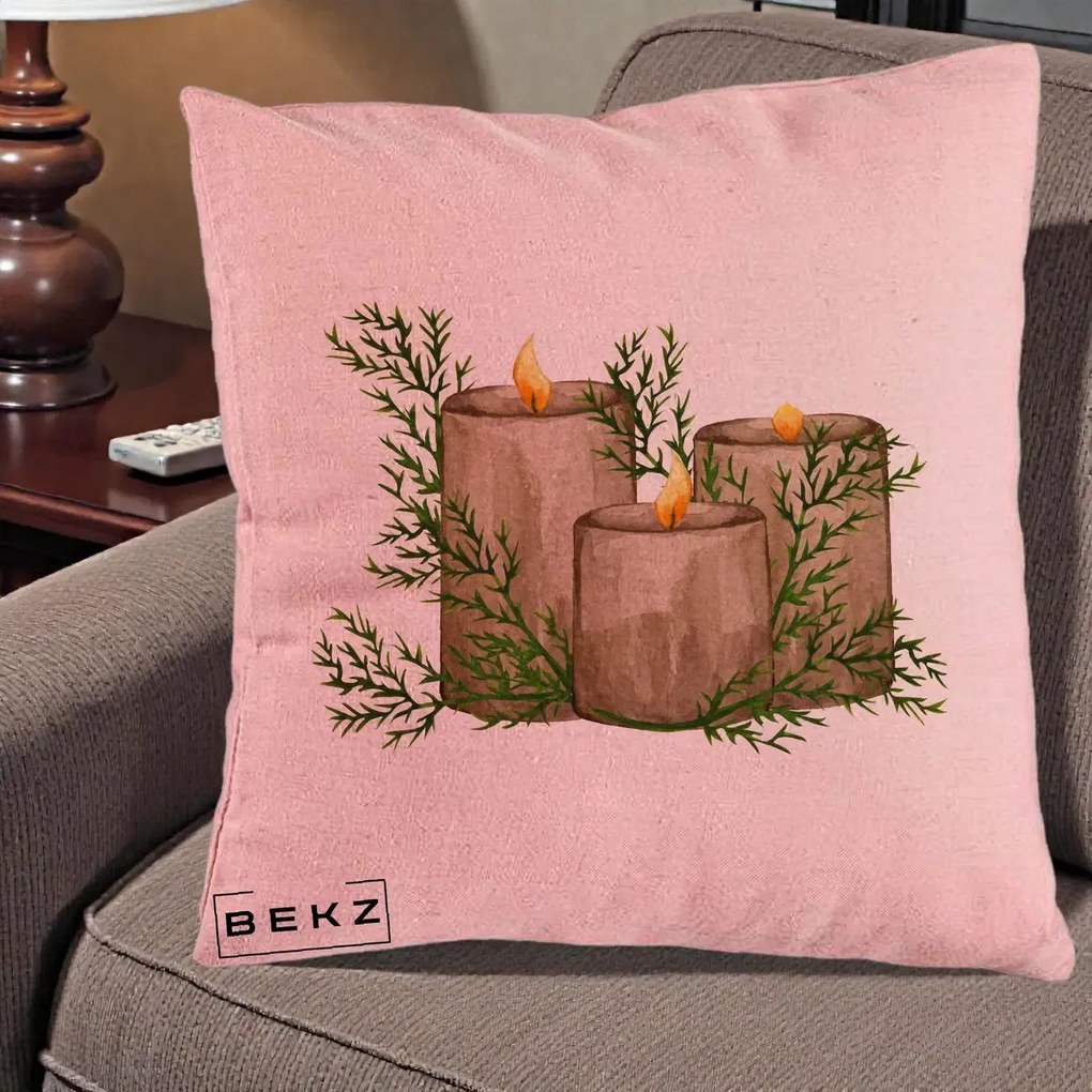 Perna Decorativa Lumanari Rustice cu Crengute Brad, 40x40 cm, Roz, Husa Detasabila, Perna Inclusa, BEKZ®
