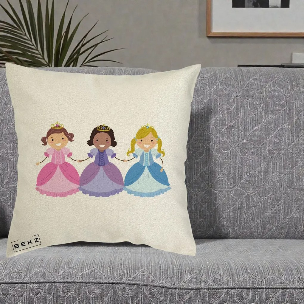 Perna Personalizata Printese Diverse Ilustratie, 40x40 cm, Ecru, Husa Detasabila, Perna Inclusa, BEKZ®