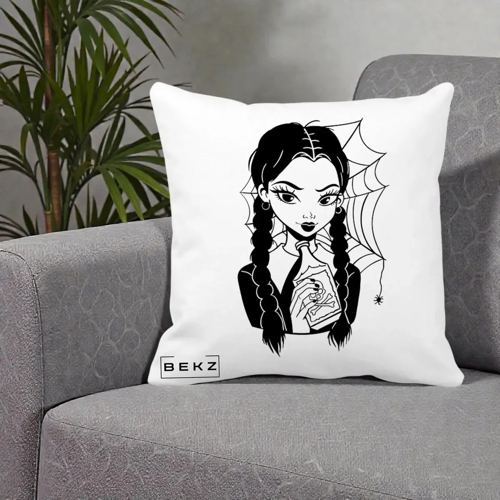 Perna Personalizata Wednesday cu Panza de Paianjen, 40x40 cm, Alba Mata, Husa Detasabila, Perna Inclusa, BEKZ®