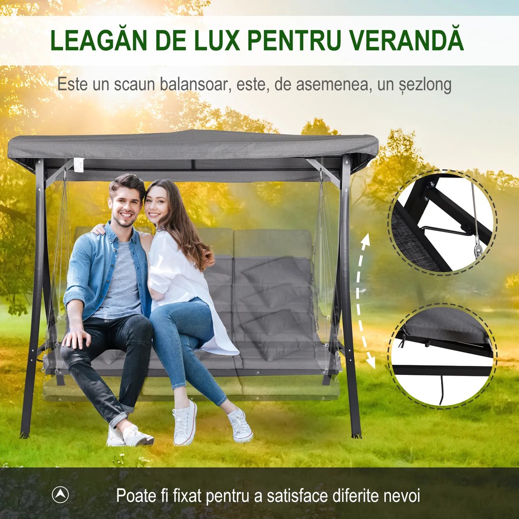 Outsunny Balansoar cu 3 scaune din material textil cu perne si acoperis reglabil gri 200 x 115 x 168 cm | Aosom Romania