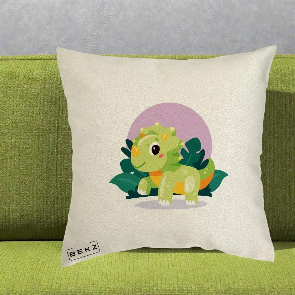 Perna Decorativa Triceratops Kawaii Verde, 40x40 cm, Ecru, Husa Detasabila, Perna Inclusa, BEKZ®
