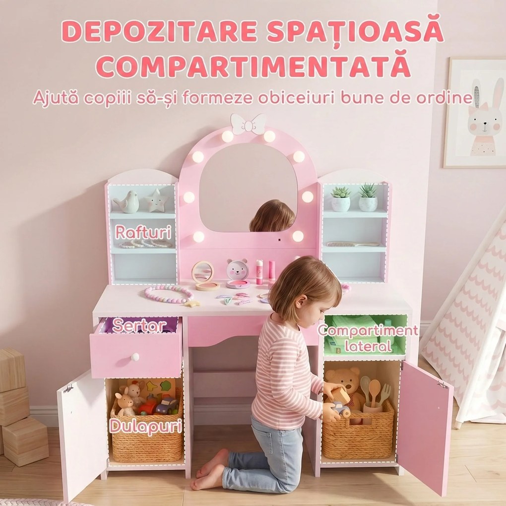 AIYAPLAY Set măsuță de toaletă pentru fetițe 2 în 1, cu taburet și oglindă, lumini în 2 culori, sertar și rafturi, roz | Aosom Romania