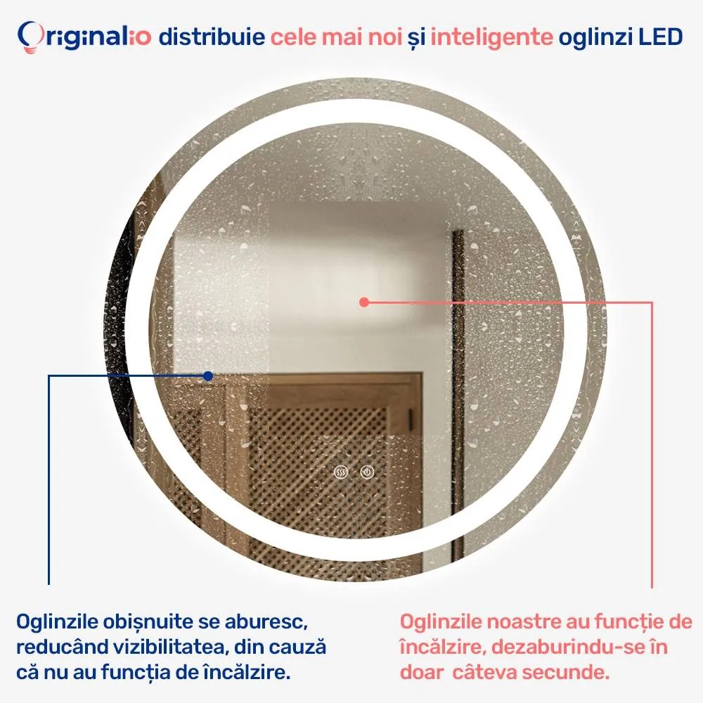 Oglindă LED Rotundă (Diametru 60 cm), 3 Moduri Iluminare (Lumină Rece, Naturală, Caldă), Intensitate Reglabilă, Funcție Dezaburire, Control Tactil (Touch)