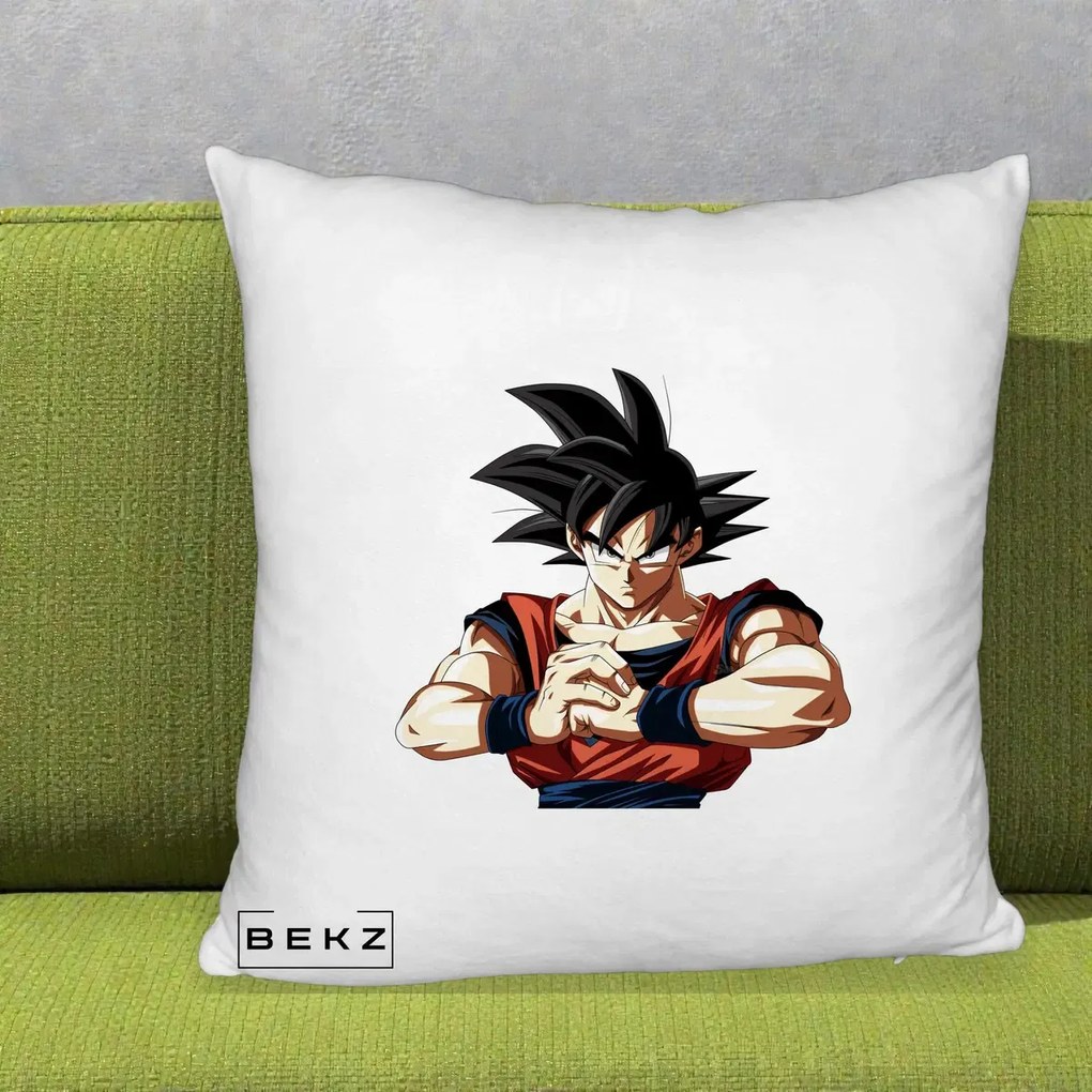 Perna Personalizata Dragon Ball Goku Portret Serios, 40x40 cm, Alb Pufos, Husa Detasabila, Perna Inclusa, BEKZ®