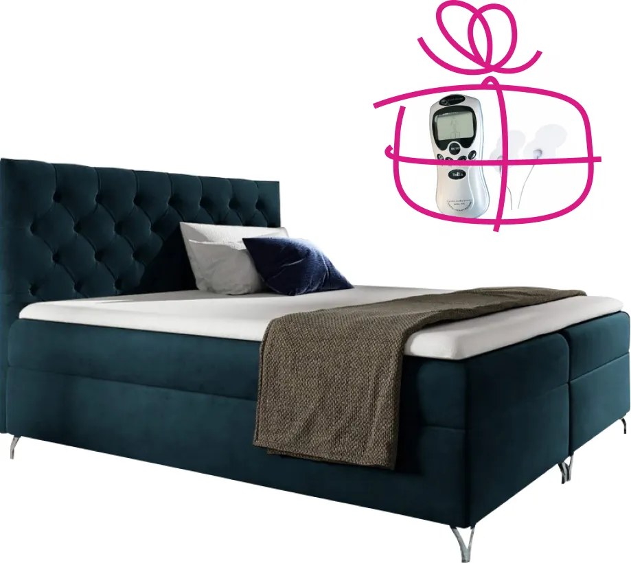 Pat cu boxspring, 140x200, albastru închis Velvet, GULIETTE + cadou