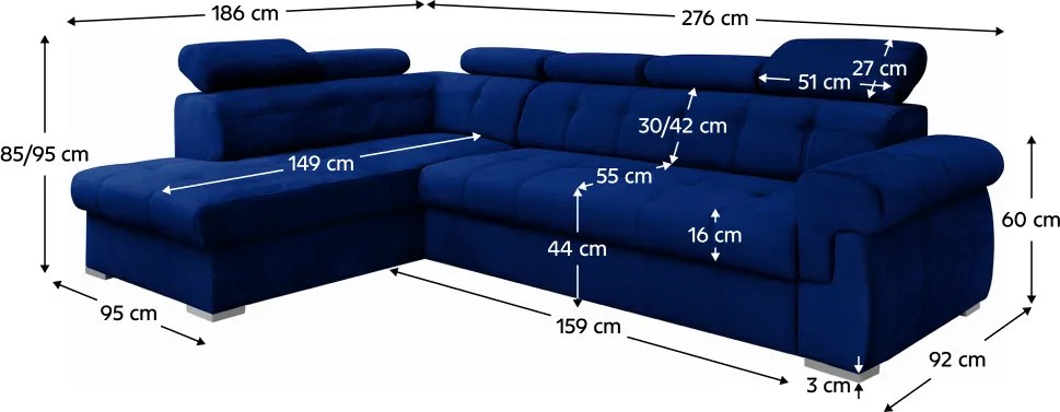 Colţar extensibil, albastru/argintiu, stânga, PRIMUS ROH NEW