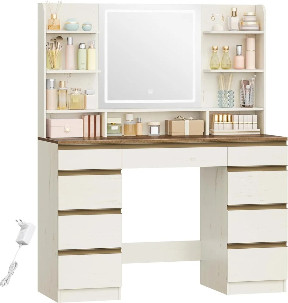 Masuta machiaj cu Oglinda LED si 9 Sertare pentru Cosmetice, Set Masa toaleta 109 cm, Alb, masuta cosmetica, vanity - SEA18