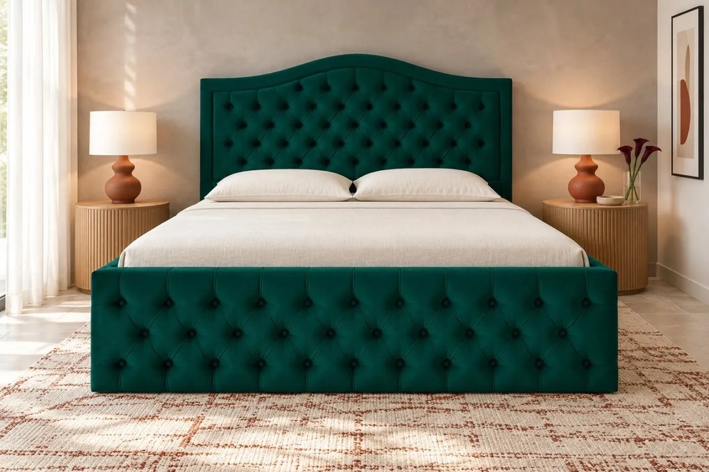 Pat tapițat Chesterfield din catifea Solaria Deluxe 200×200 cm, verde, cu ladă de depozitare