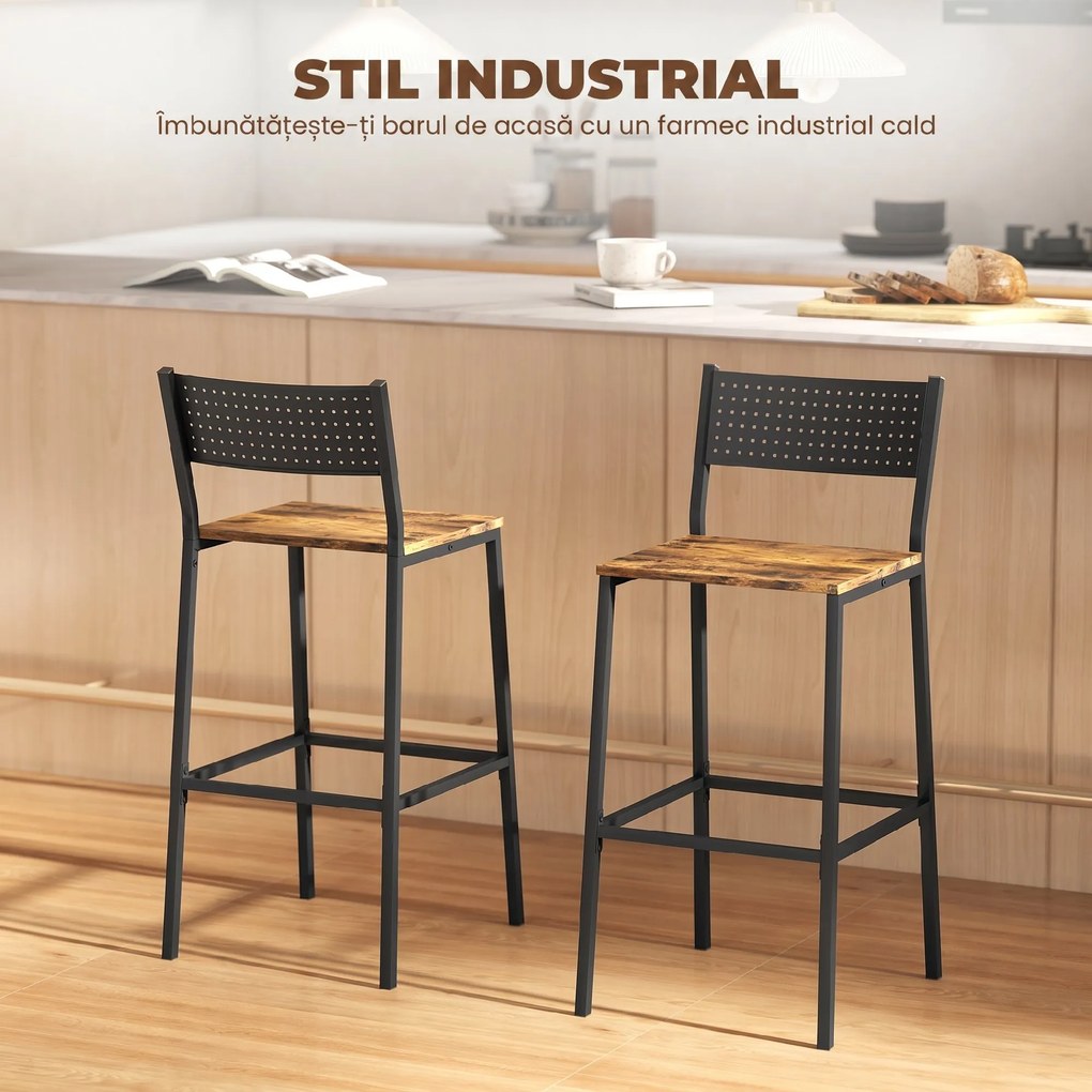 HOMCOM Set 2 Scaune Bar Stil Industrial cu Spătar și Suport pentru Picioare Maro | Aosom Romania