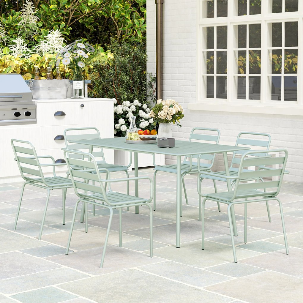 Outsunny Set de grădină - set de luat masa 7 piese cu 1 masă și 6 scaune suprapuse din oțel, verde deschis | Aosom Romania