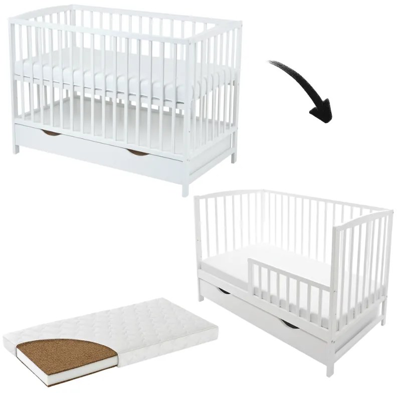 Patut din lemn masiv cu sertar, capac si bariera 120x60 cm Kidizi Orella alb si saltea cocos LUX 120x60x12 cm, reglabil pe 3 nivele, certificat EN71