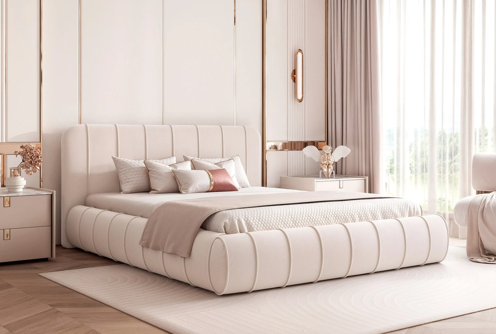 Pat Stripe 140 x 200 Cm, Lada depozitare, Tapiterie Catifea Bej