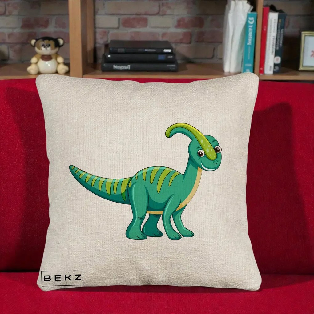 Perna Decorativa Parasaur Verde, 40x40 cm, Bej Canapea, Husa Detasabila, Perna Inclusa, BEKZ®