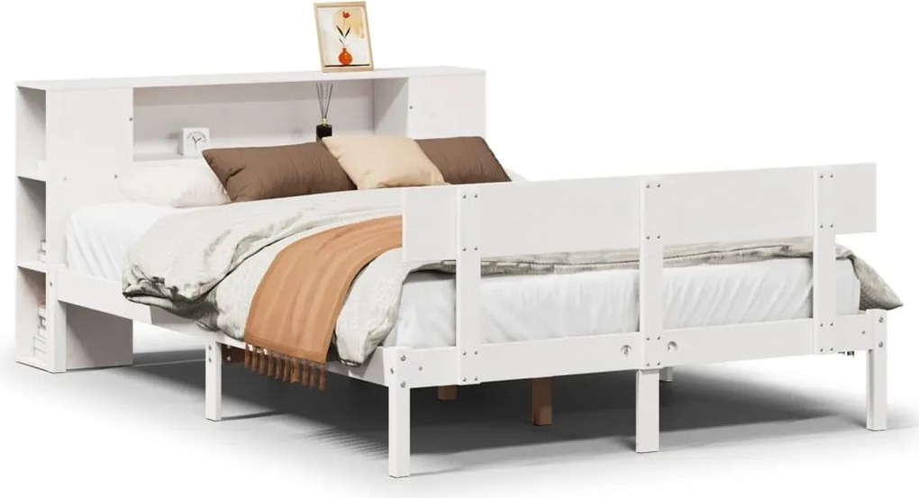 vidaXL Pat cu bibliotecă fără saltea, alb, 160x200 cm, lemn masiv pin