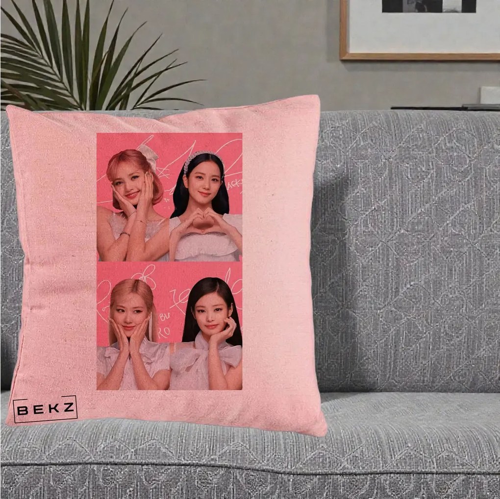 Perna Personalizata K-pop BLACKPINK Colaj Roz, 40x40 cm, Roz, Husa Detasabila, Perna Inclusa, BEKZ®