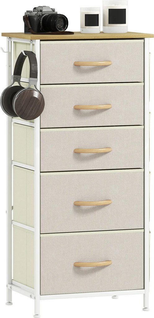 HOMCOM Comodă pentru dormitor cu 5 sertare din material textil, traverse din oțel, suprafață din lemn, 4 buzunare de depozitare, 2 cârlige, bej | Aosom Romania