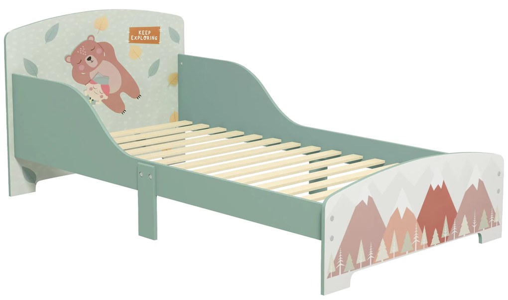 ZONEKIZ Pat pentru Copii 3-6 Ani cu Margini Înălțate și Design cu Animale, 77x143x60 cm, Verde | Aosom Romania