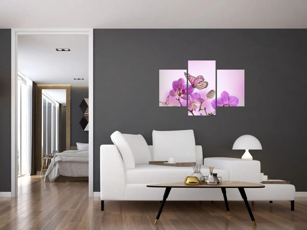 Tablou - Fluture pe flori de orhidee, liliac (90x60 cm)
