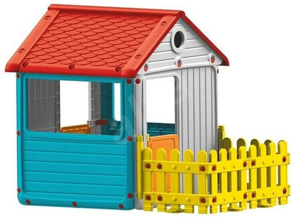 Casuta copii cu gard si usa mobila, jucarii de gradina, pentru interior si exterior, dimensiuni 110x93 x185 centimetri