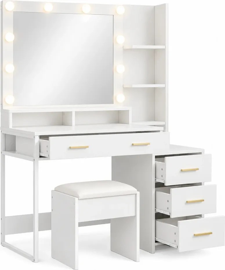 Set FREYA – Masă de Toaletă pentru Machiaj, Oglindă 10 becuri LED, Iluminare reglabila, Sertare, Rafturi, modul incarcare dubla priza+USB, Scaun, Alb