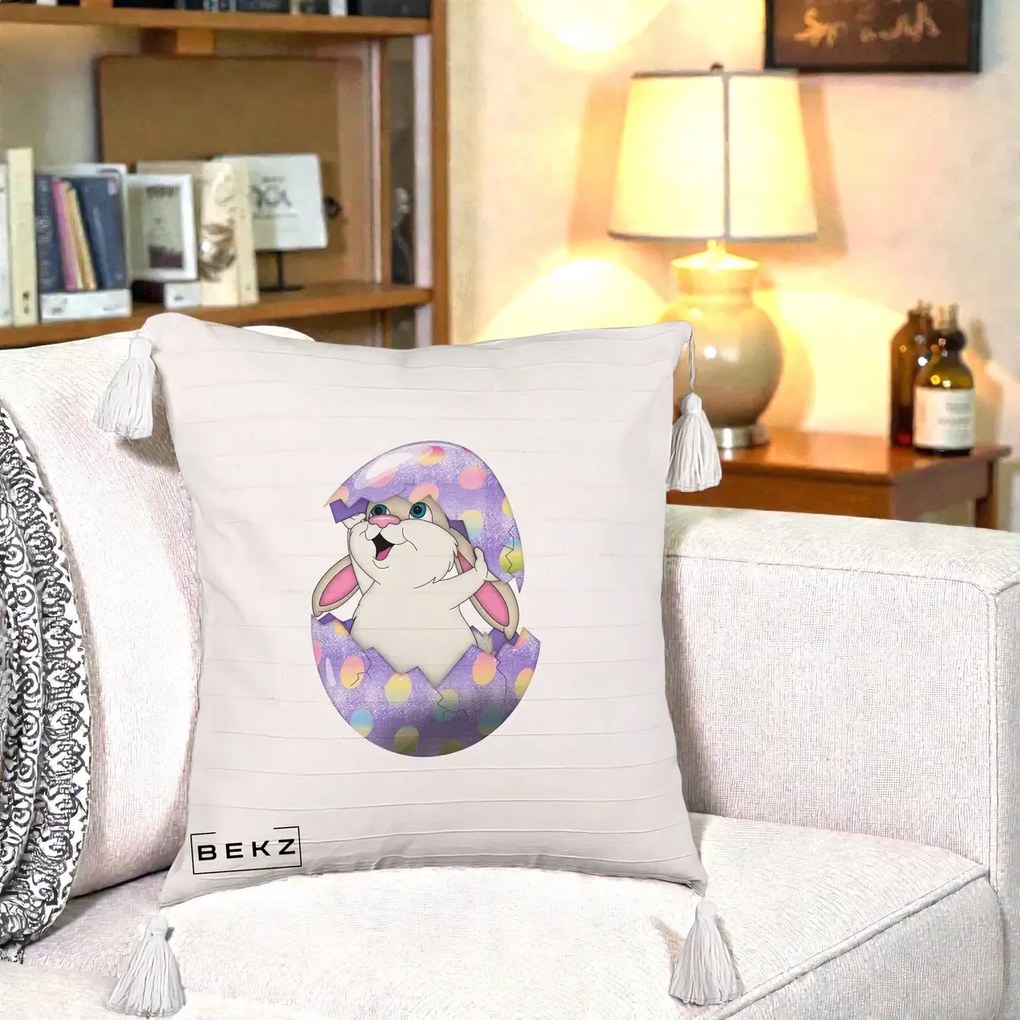 Perna Decorativa Iepuras din Ou de Pasti, 40x40 cm, Bej cu Franjuri, Husa Detasabila, Perna Inclusa, BEKZ®