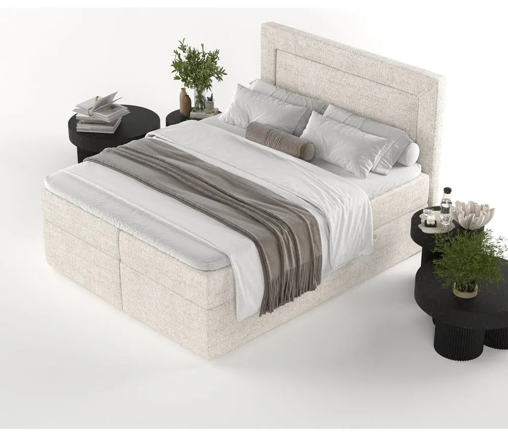 Pat boxspring crem cu spațiu de depozitare 160x200 cm Imagine – Maison de Rêve