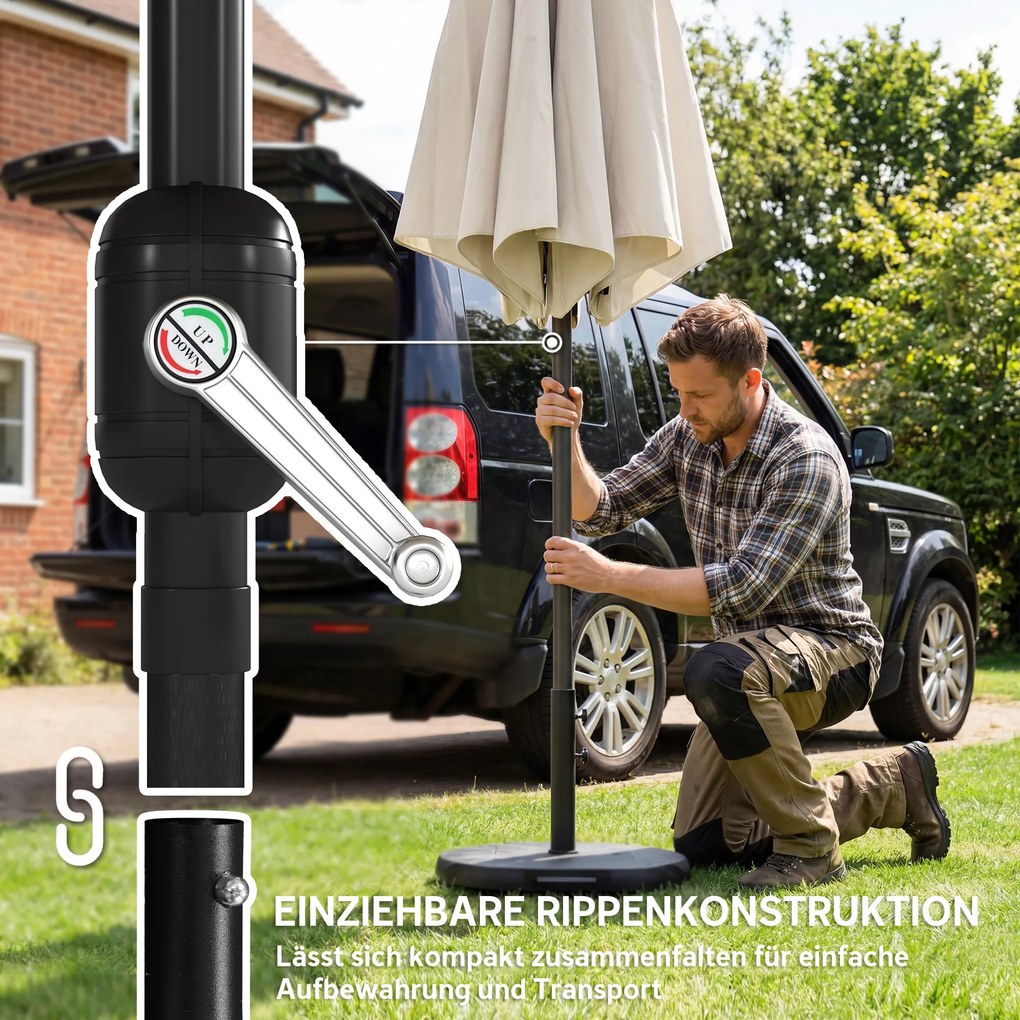 Outsunny Umbrelă de soare aprox. Ø300 cm înclinabilă umbrelă pentru balcon cu manivelă bază încrucișată sac de nisip, UPF 30+ retractabilă alb-crem | Aosom Romania